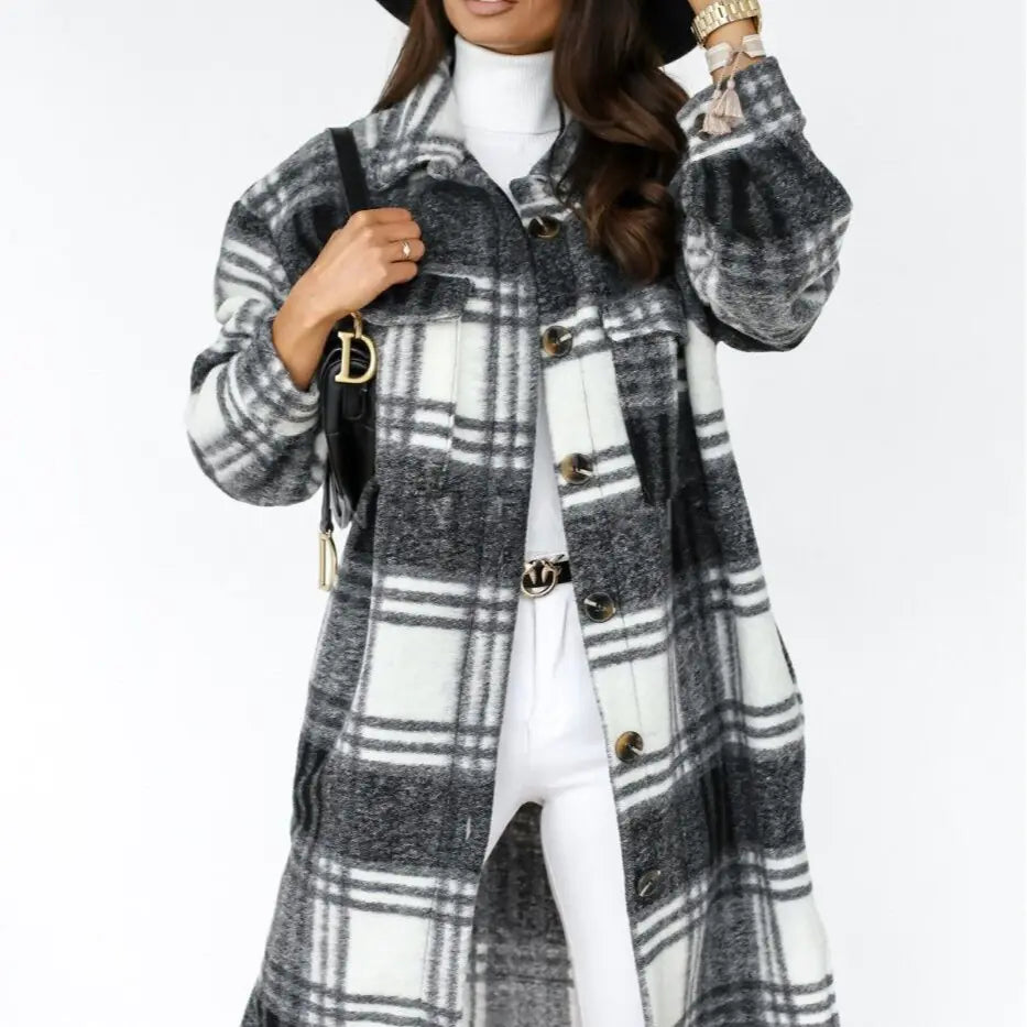 Plaid Long Woolen Coat with Button Lapel for Fall/Winter