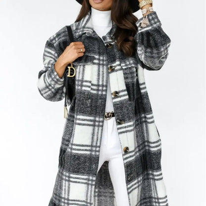 Plaid Long Woolen Coat with Button Lapel for Fall/Winter
