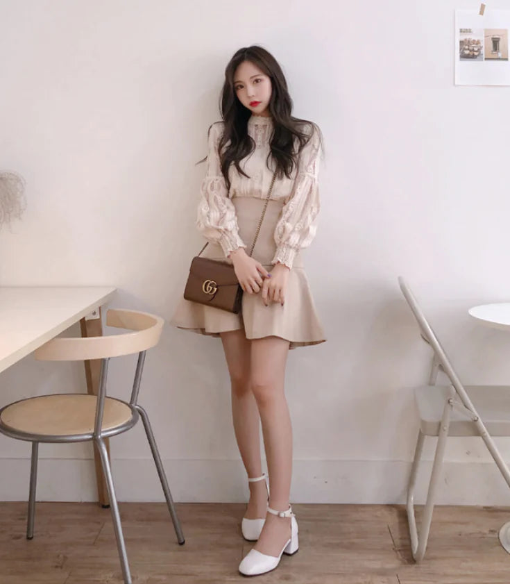 Lace Top with Lantern Sleeves - Sweet Two-Piece Look