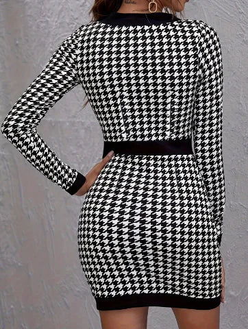 Long Sleeve Houndstooth Bodycon Dress for Office Wear