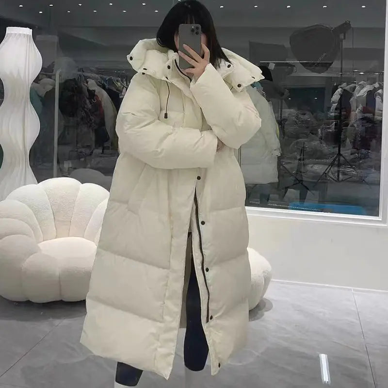 Cream Mid-Length Down Jacket for Women - High-End Winter Coat