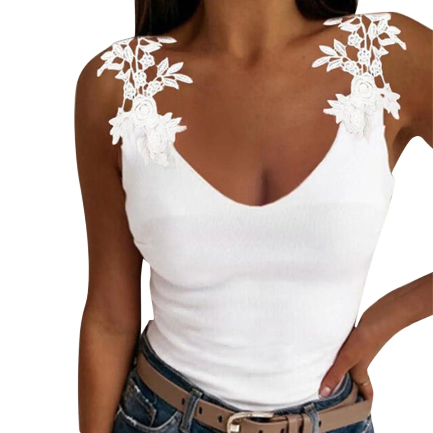 Lace Petal Tank Top - Oversize V-Neck Casual T-Shirt