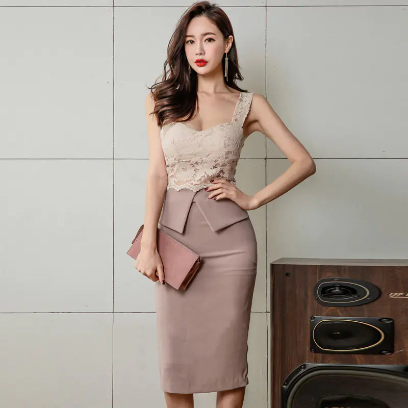 Lace Spliced Bodycon Dress with Spaghetti Straps