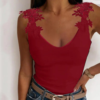 Lace Petal Tank Top - Oversize V-Neck Casual T-Shirt
