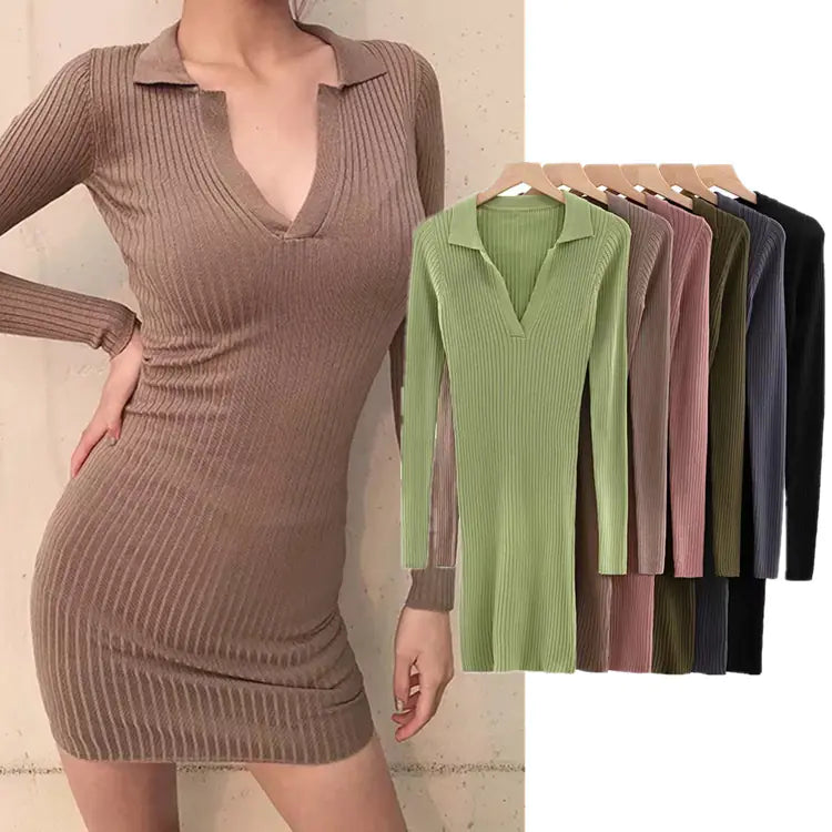 European Autumn Winter Knit Bodycon Dress with Collar