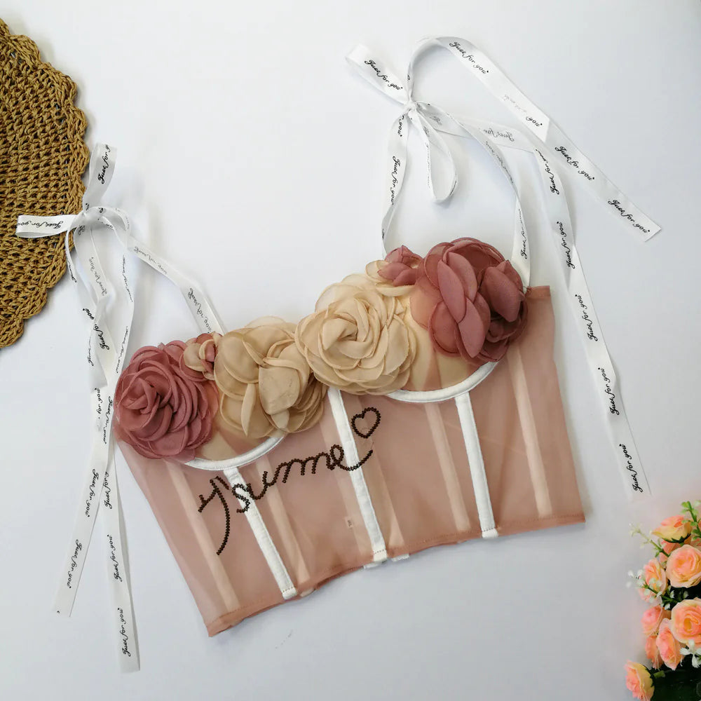 Lace Crop Top with Padded Bust and Floral Design