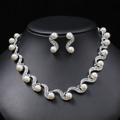Bridal Jewelry Set: Wave Choker & Faux Pearl Earrings