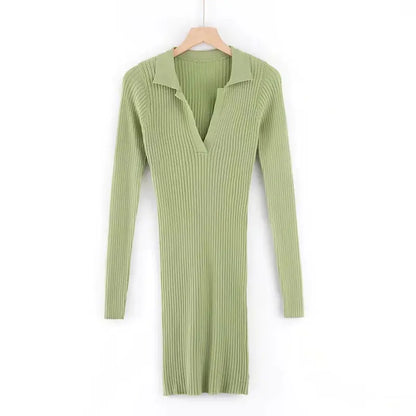 European Autumn Winter Knit Bodycon Dress with Collar