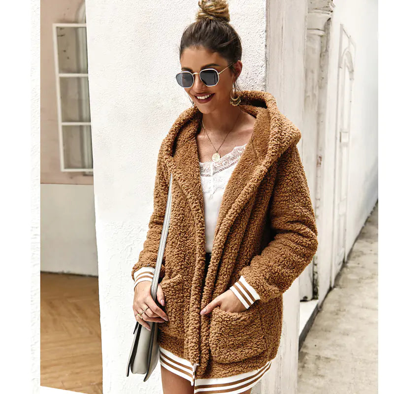 Striped Plush Hooded Coat for Autumn and Winter