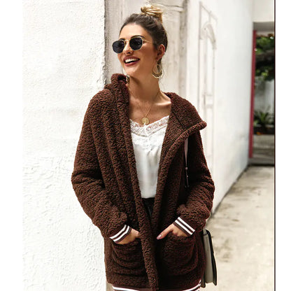Striped Plush Hooded Coat for Autumn and Winter
