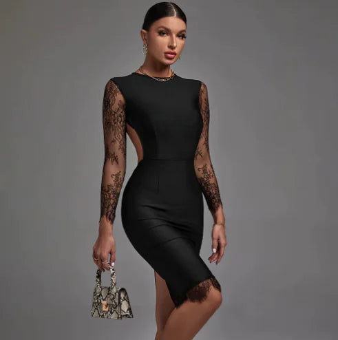 Lace-Panel Bodycon Dress with Long Sleeves and Back Cutout
