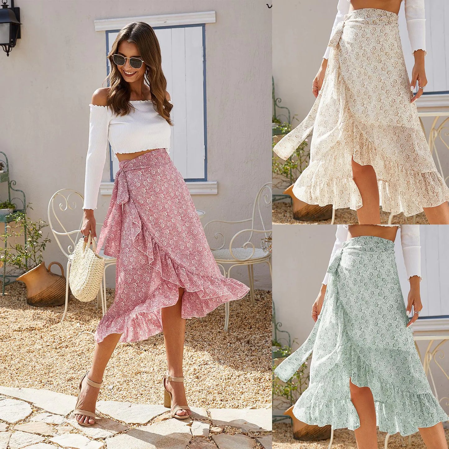 High Waist Floral Ruffle Chiffon A-Line Skirt
