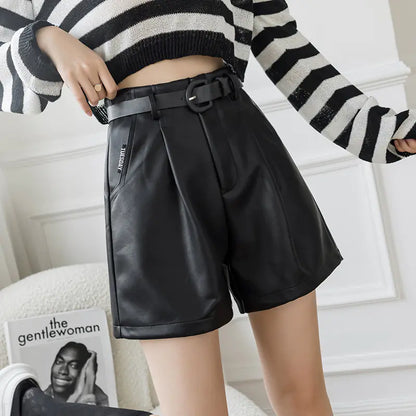 High Waist Wide Leg A-line PU Leather Shorts for Women