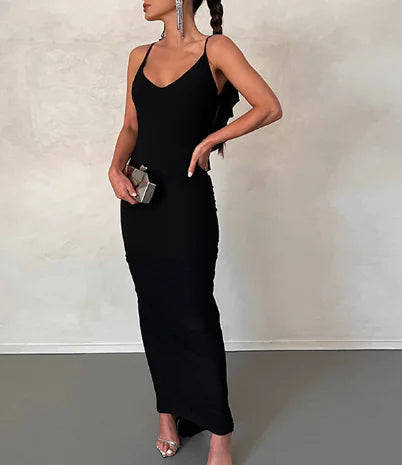 Ruffled Backless Bodycon Dress with V-Neck for Women