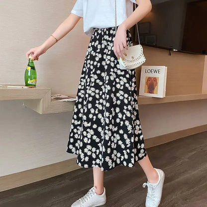 High Waist Chiffon Daisy A-line Dress with Drape