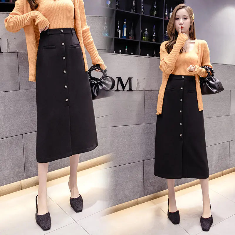 High Waist A-Line Skirt with Slit and Bag Design