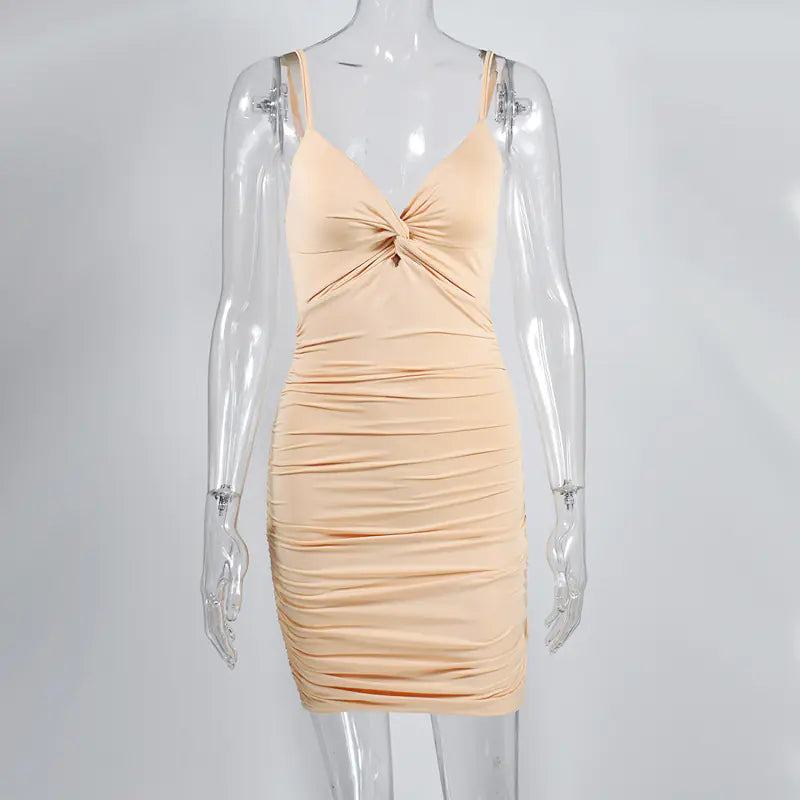 Sexy Ruched Bodycon Mini Dress with Deep V Neck