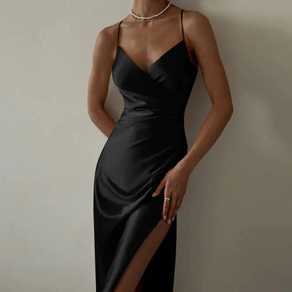 2021 Women's Summer Satin High Slit Evening Dress