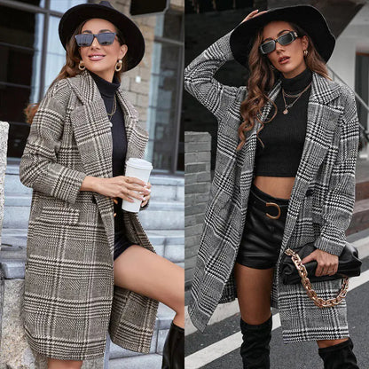 Double-Breasted Long Woolen Coat with Suit Collar