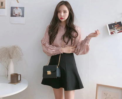 Lace Top with Lantern Sleeves - Sweet Two-Piece Look