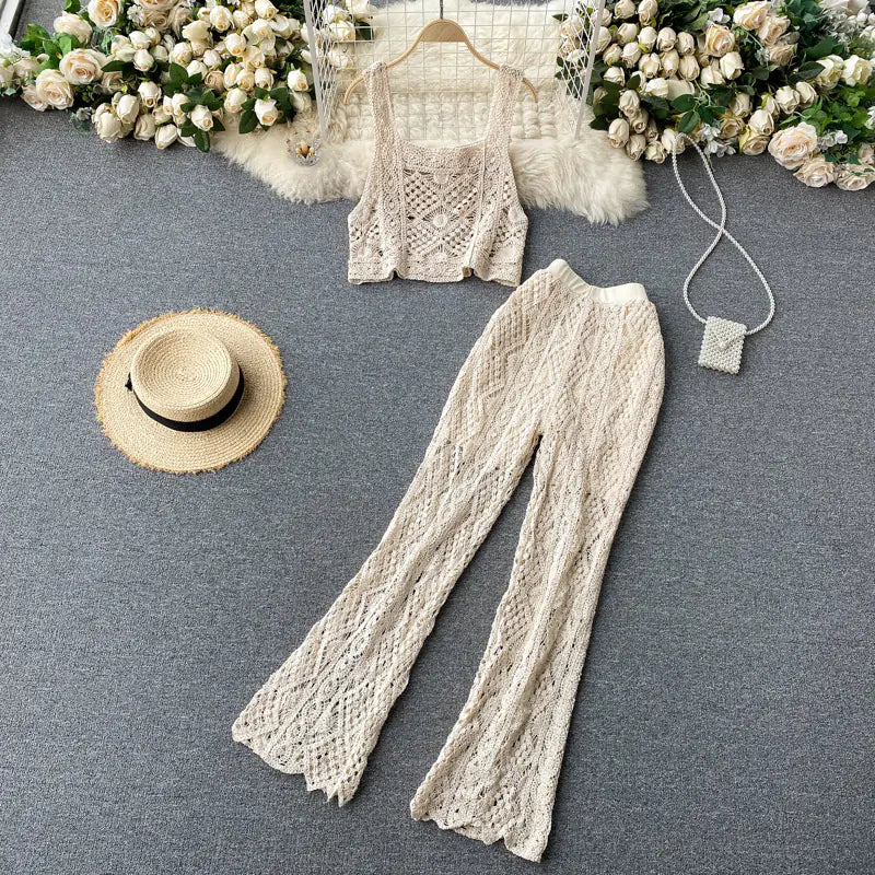 Hollow Lace Wide Leg Knit Pants and Crop Top Set