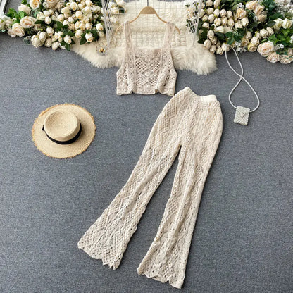 Hollow Lace Wide Leg Knit Pants and Crop Top Set