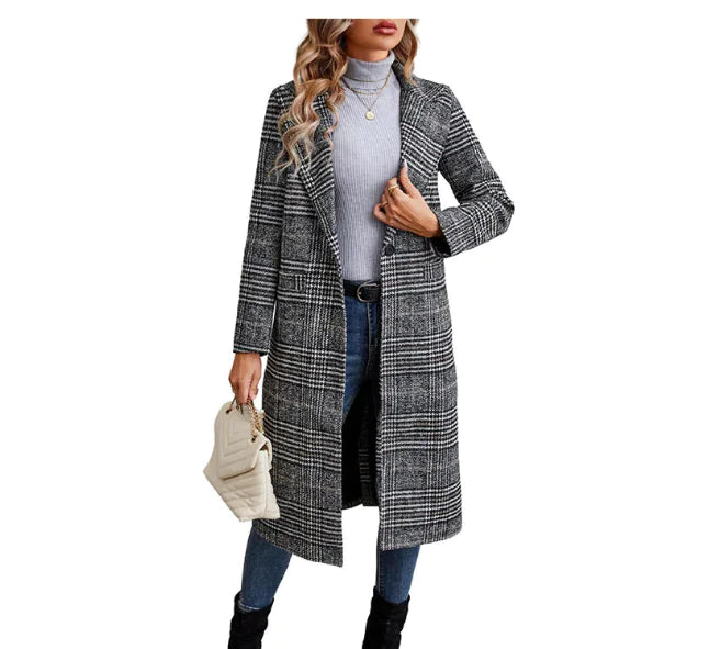 Double-Breasted Long Woolen Coat with Suit Collar