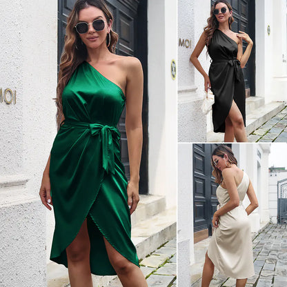 Satin One-Shoulder Dress for Women - New Trend