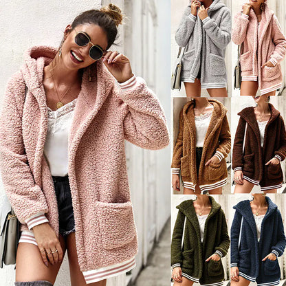 Striped Plush Hooded Coat for Autumn and Winter