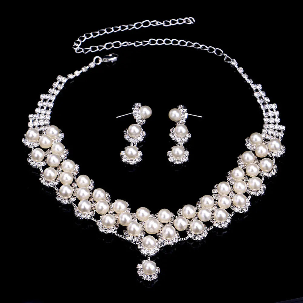 Bridal Pearl Jewelry Set with Classic Diamond Necklace