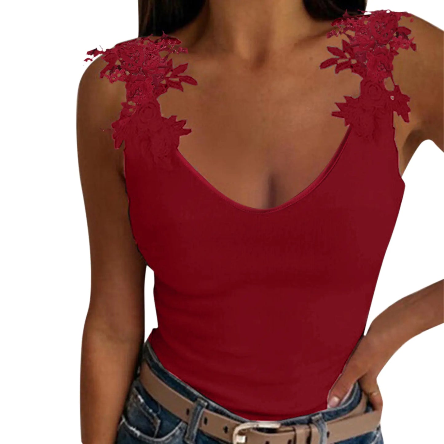 Lace Petal Tank Top - Oversize V-Neck Casual T-Shirt