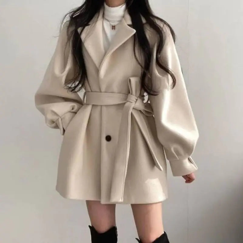 Women's Mid-Length Woolen Wind Coat with Suit Collar