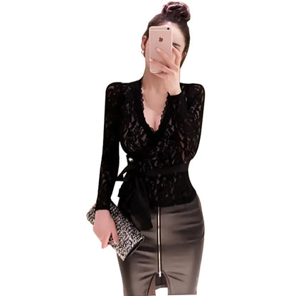 Lace V-Neck Fitted Top with Tie Detail for Elegance