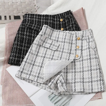 Korean High Waist Tweed Wide Leg Plaid Shorts