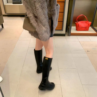 Women's Knee-Length Leather Boots with Back Zipper