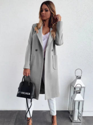 Women's Wool Coat with Double Pockets and Suit Collar