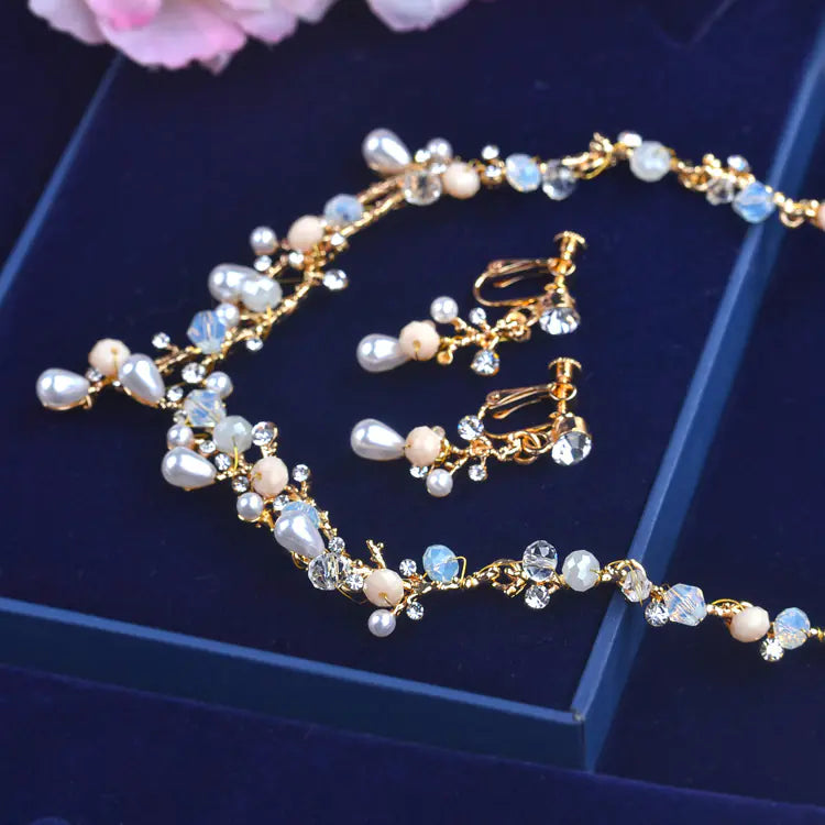 Bridal Jewelry Set with Pearl and Zircon Necklace & Earrings
