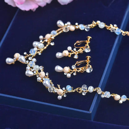 Bridal Jewelry Set with Pearl and Zircon Necklace & Earrings