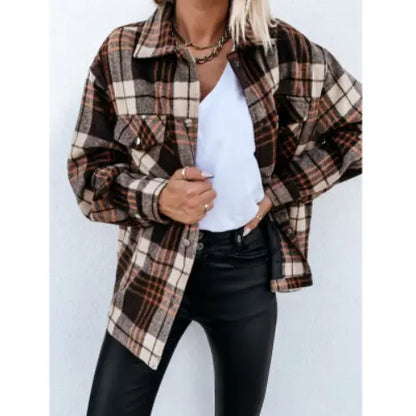Plaid Long Woolen Coat with Button Lapel for Fall/Winter