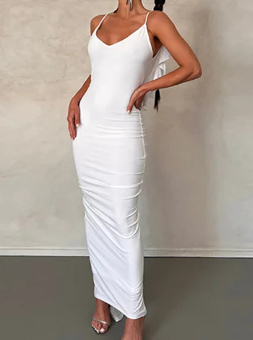 Ruffled Backless Bodycon Dress with V-Neck for Women