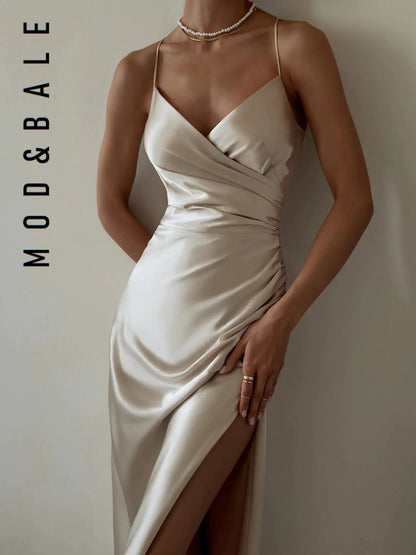 2021 Women's Summer Satin High Slit Evening Dress