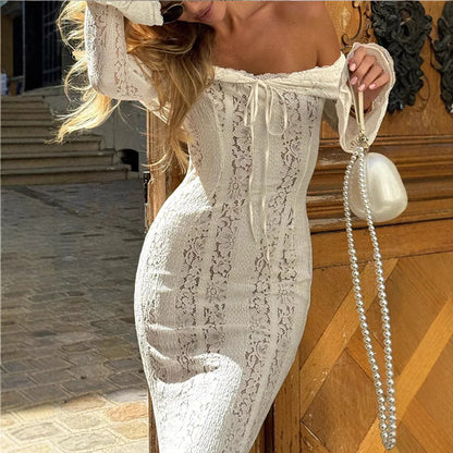 Women's Lace Lace-Up Long Sleeve High Waist Dress