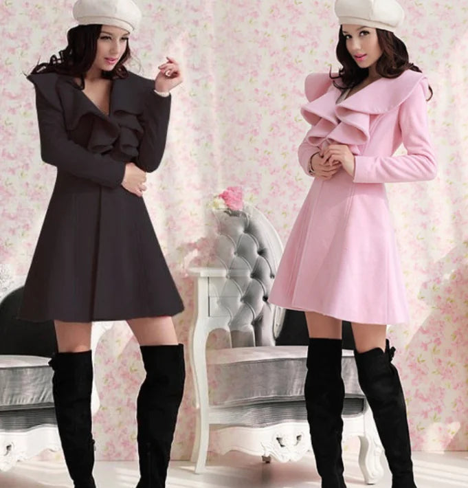 Slim Long Ruffled Woolen Coat for Women in Autumn/Winter