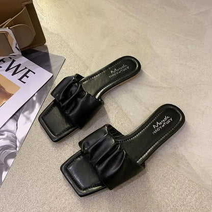 Women's Pleated Patent Leather One-Line Flat Sandals