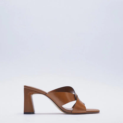 Summer Brown Cow Leather Sandals with Thick Heels