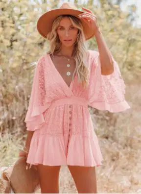 Elegant V-Neck Lace Dress – Sweet Mori Style Women’s Short Sleeve A-Line Dress