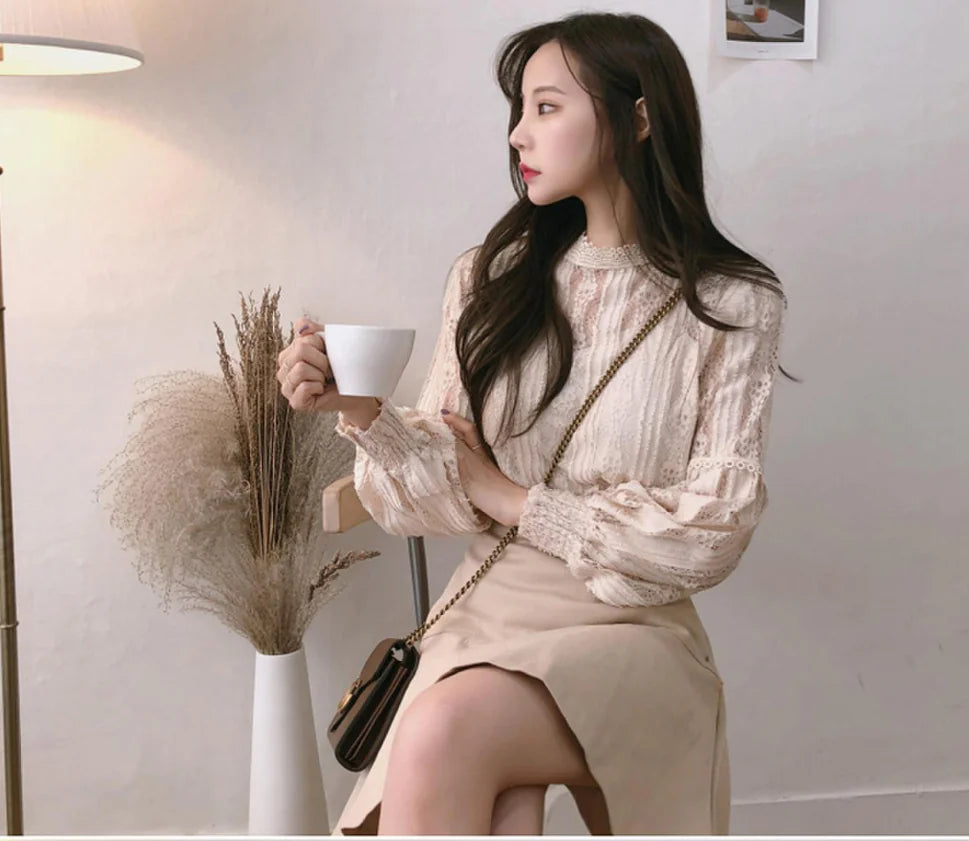 Lace Top with Lantern Sleeves - Sweet Two-Piece Look