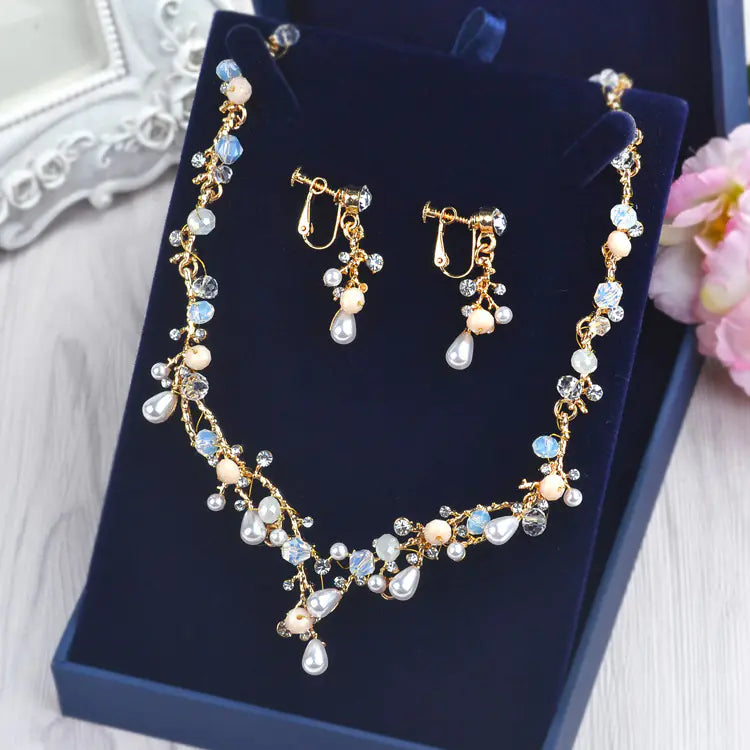 Bridal Jewelry Set with Pearl and Zircon Necklace & Earrings