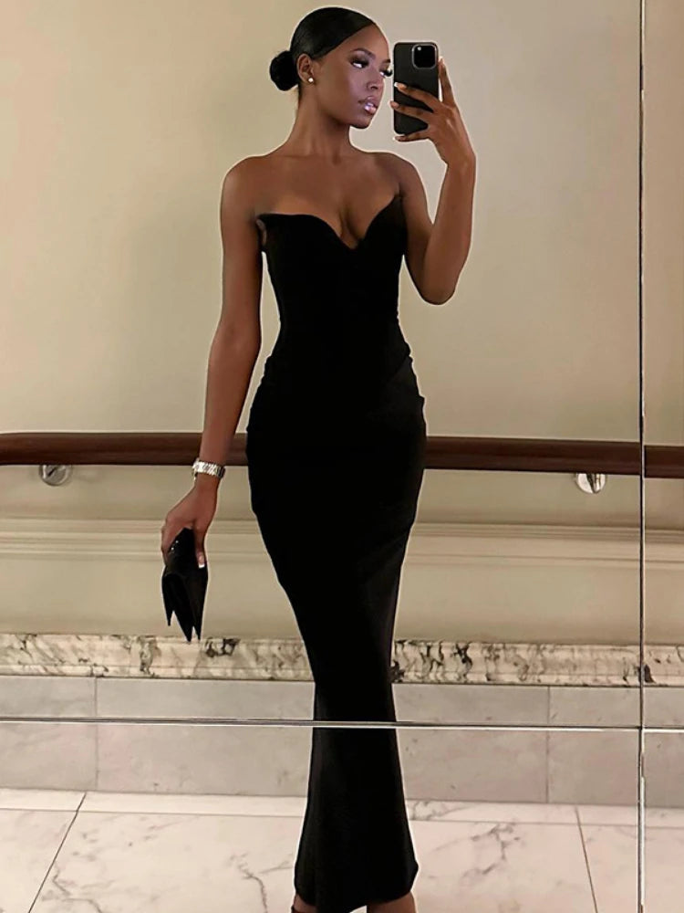 WeiYao Black Backless Bodycon Maxi Dress for Women 2023