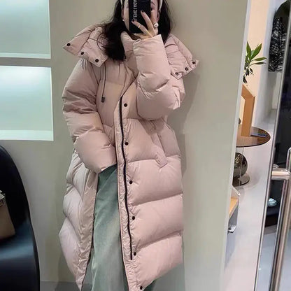 Cream Mid-Length Down Jacket for Women - High-End Winter Coat